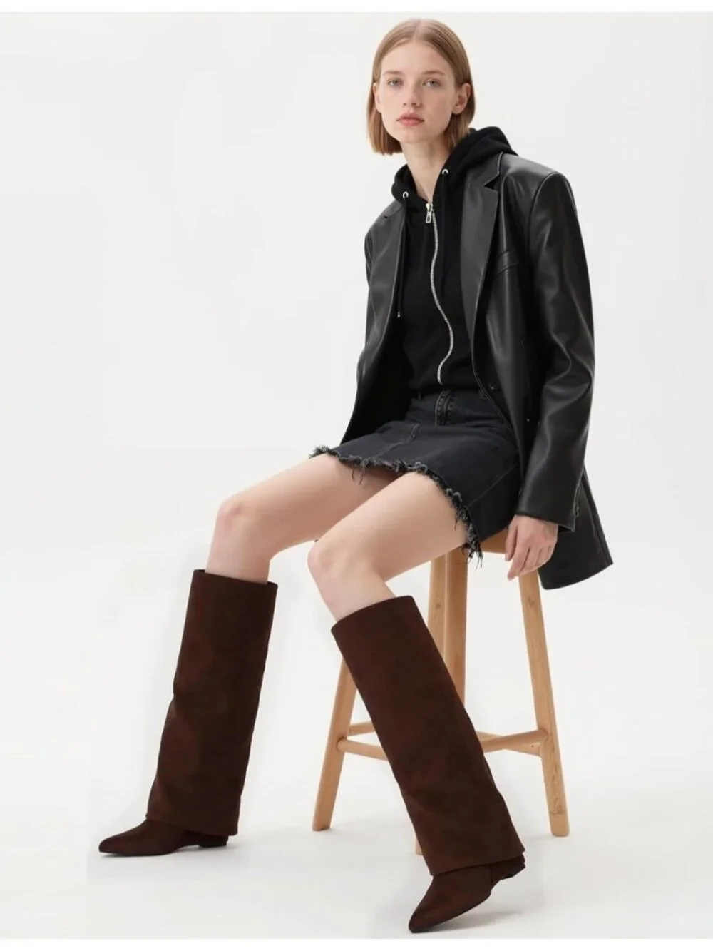 Women's Suede Chocolate Wedge Heel Pointed Toe Faux Leather Over The Knee Boots